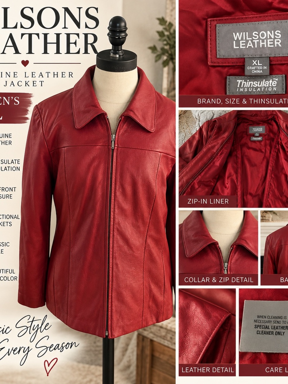 Wilsons Genuine Red Leather Jacket- Woman XL  with removable Thinsulate vest